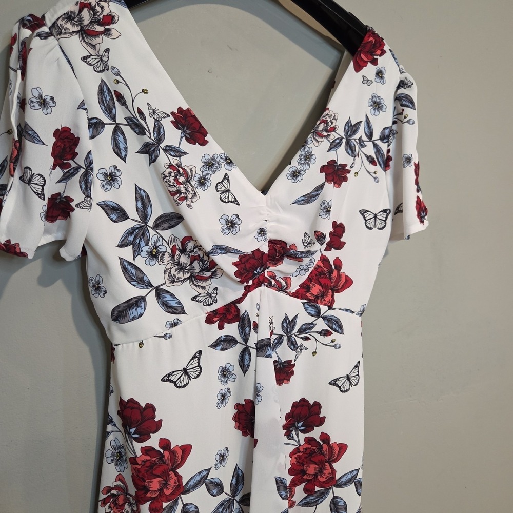 Candies Floral Butterfly Ruffle High Low Midi Dress Womens XS White‎ Red V-Neck